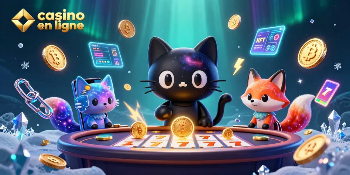 Plongez dans l'univers du casino en ligne avec une illustration captivante d'un chat noir gravitationnel et un renard nébuleux.