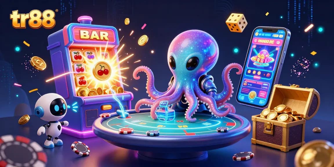 Experience thrilling gaming at tr88 with a colorful 3D scene of an alien octopus and poker games.