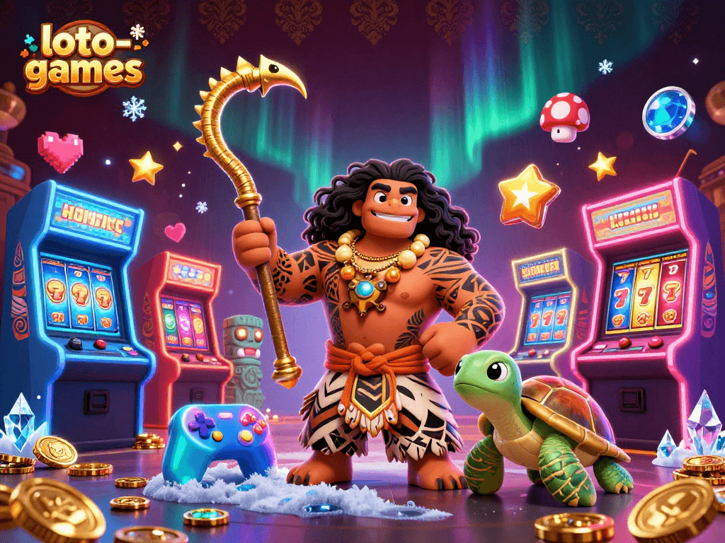 Experience the excitement of loto-games with a vibrant 3D illustration showcasing Hawaiian-inspired characters alongside dynamic gaming elements.
