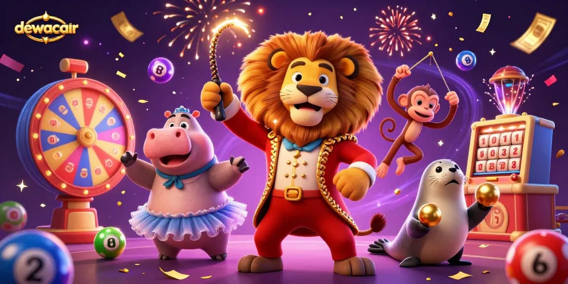 Experience winning with dewacair as the lively circus-themed casino illustration features iconic characters and vibrant gambling elements.