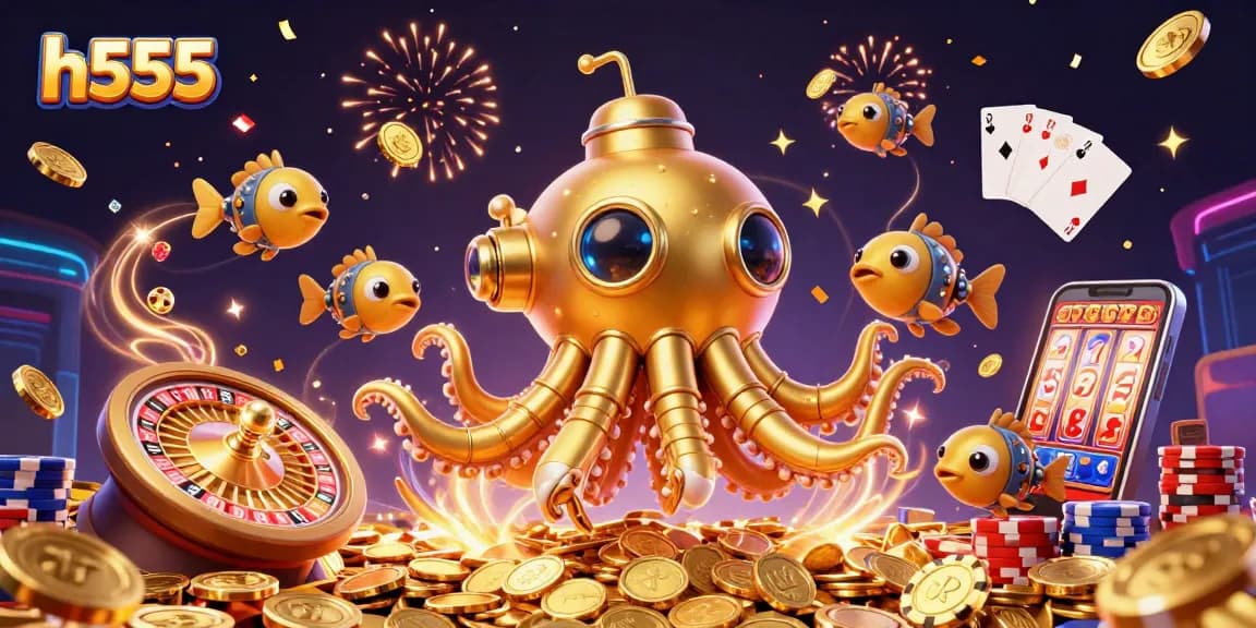 Bet on h555 with a golden kraken submarine and mechanical fish amidst coins and casino elements.
