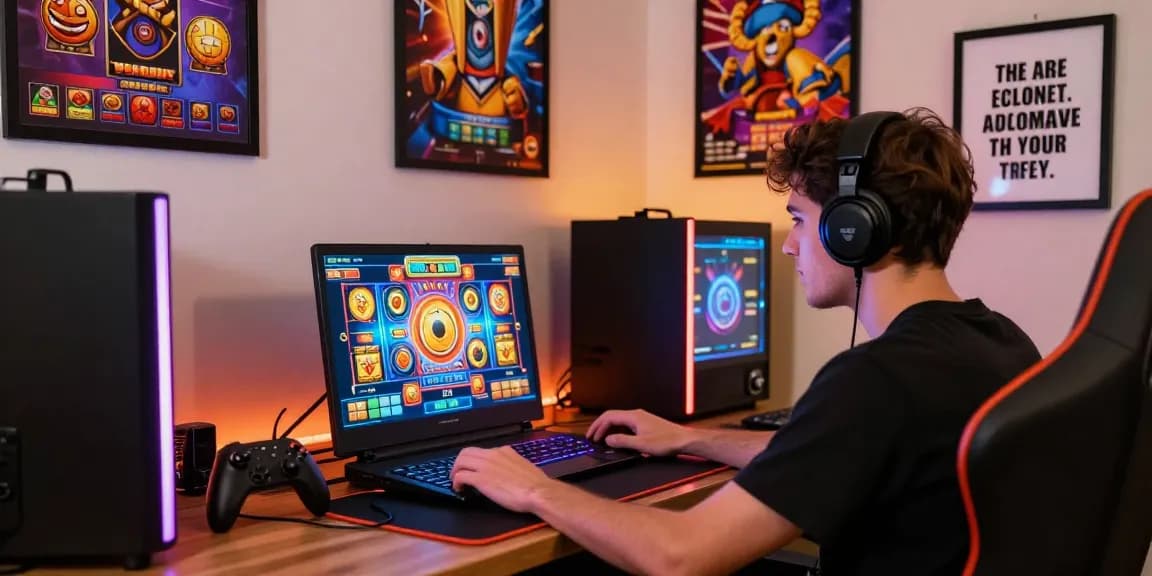 Player enjoying situs raja slot games on a vibrant gaming setup, showcasing excitement.