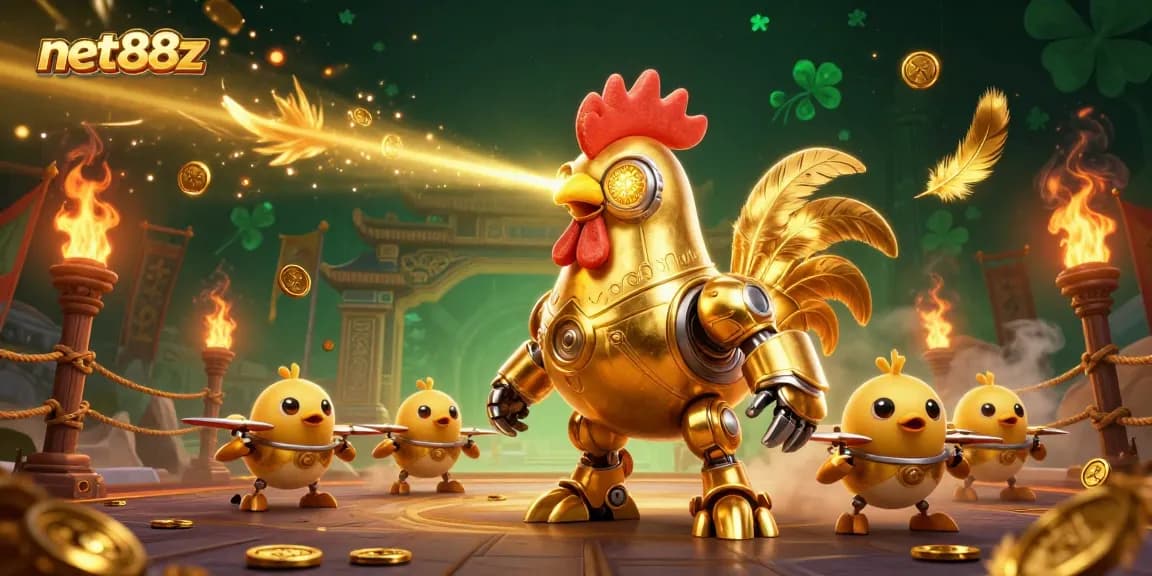 Experience thrilling gameplay with net88z in this vibrant casino-themed illustration featuring a heroic rooster.