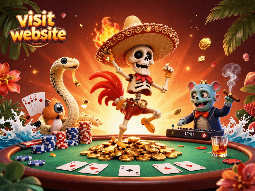 Visit website for exciting casino action, featuring vibrant characters like a mariachi rooster and poker elements