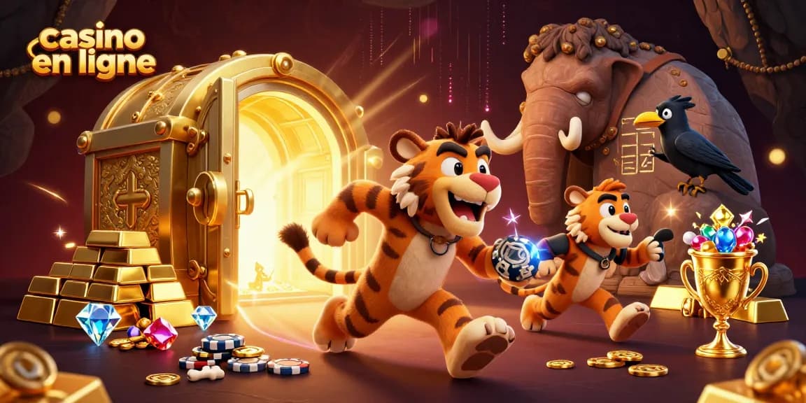 Jouez à des jeux de casino en ligne avec des personnages préhistoriques colorés dans une scène dynamique.