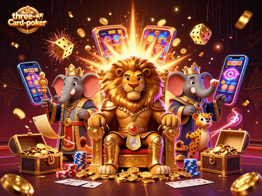 Experience the thrill of three-card-poker with poker tables, chip stacks, and gold coins in vibrant gameplay.