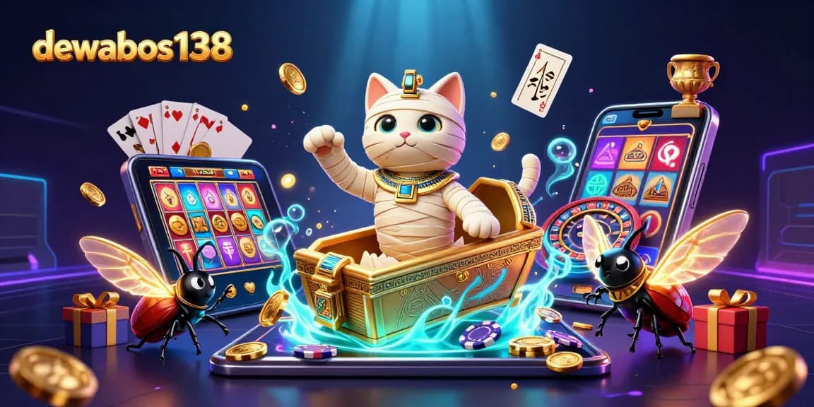 Spin to win with dewabos138 as the Egyptian mummy cat uncovers treasures in a vibrant casino scene.