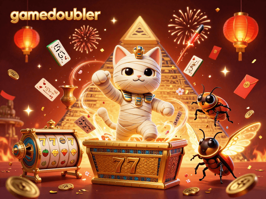 Experience thrilling wins with gamedoubler in the vibrant casino scene featuring excited characters and festive elements.