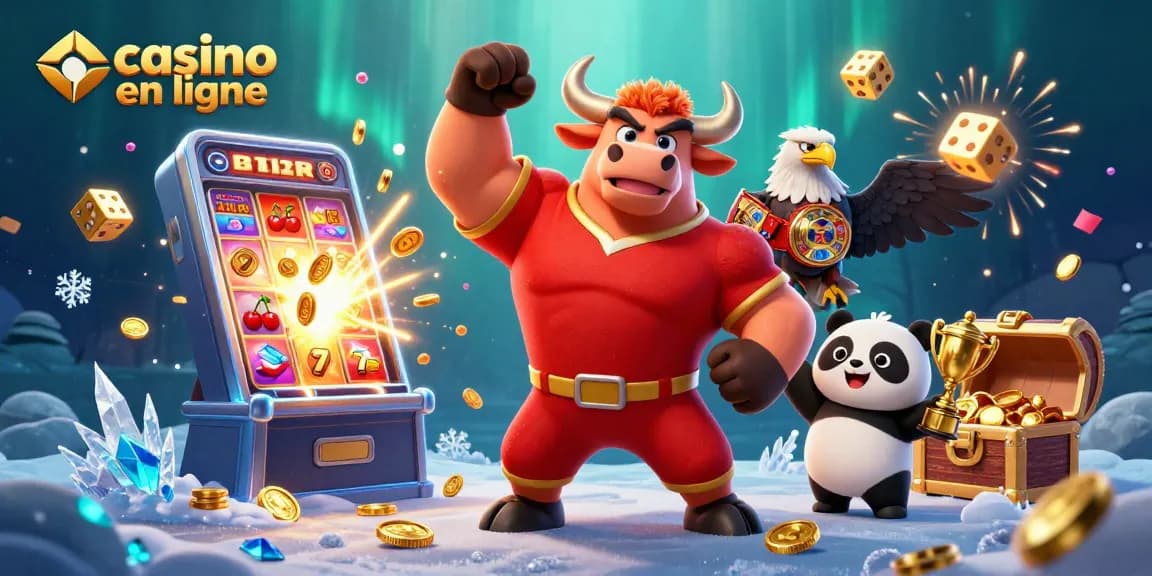 Venez tenter votre chance dans un casino en ligne avec une illustration 3D vibrante d'un taureau et un panda.