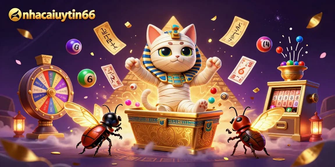 Play exciting games with nhacaiuytin66 as the Egyptian mummy cat bursts from a sarcophagus in a vibrant casino scene.