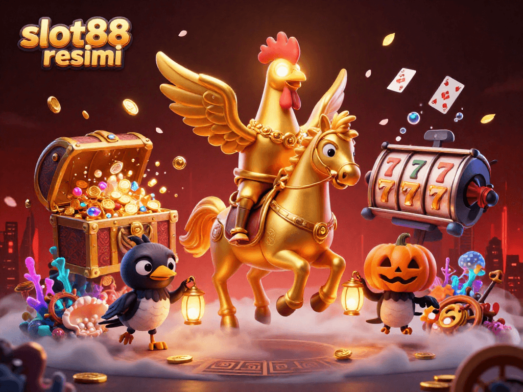 Engage in the thrilling world of slot88 resmi with a festive scene featuring a golden rooster, jackpot treasures, and mystical casino elements.