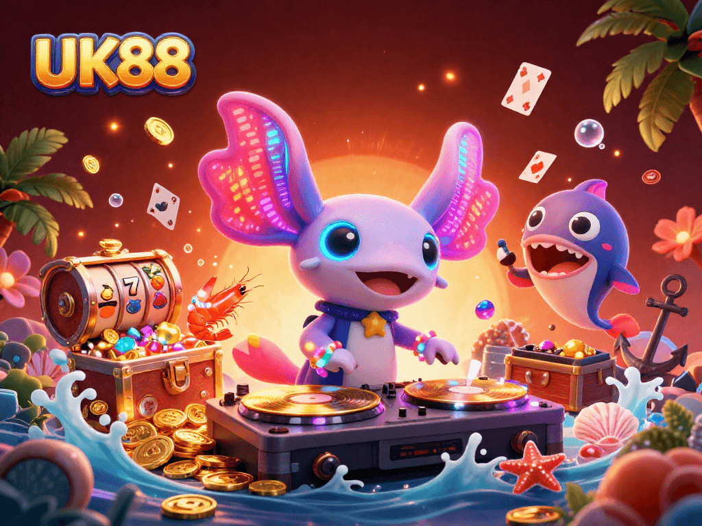 Experience UK88's vibrant casino scene with a neon axolotl DJ and lively aquatic dancers.