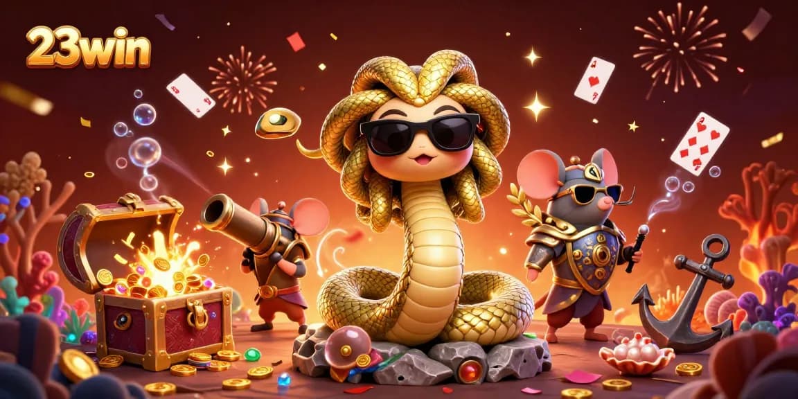 Experience the thrill of 23win with Medusa and a warrior mouse amid casino treasures and festive confetti.