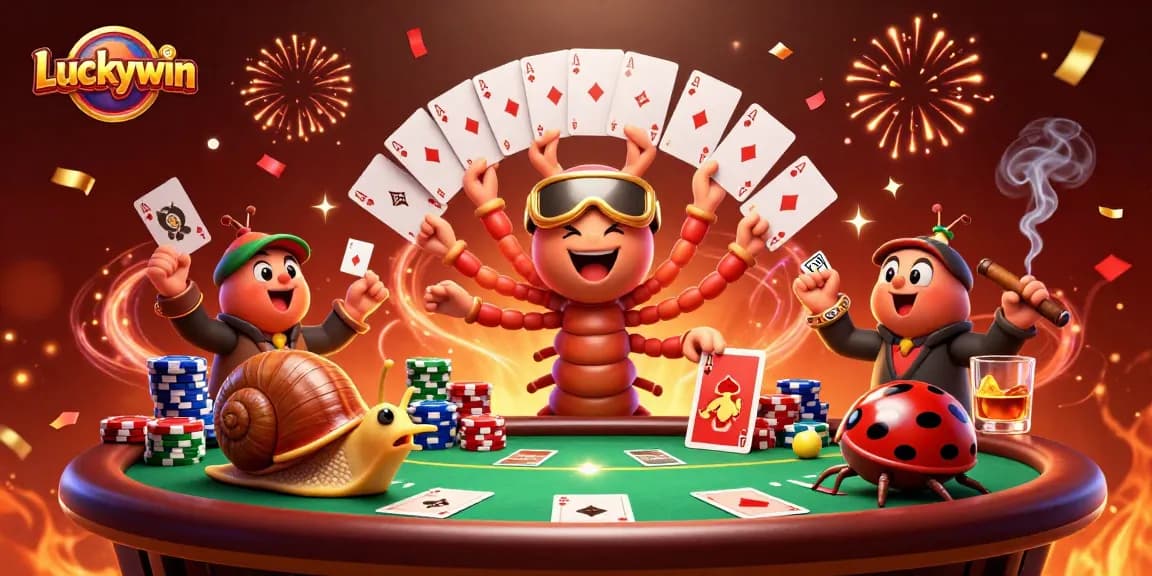 Experience thrilling poker action with Luckywin's cartoon dealer amidst vibrant casino elements.