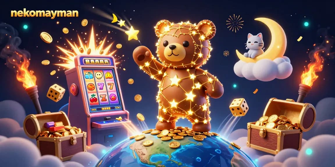 Neko May Mắn players enjoy thrilling jackpots with vivid visuals of golden stars and slot games.