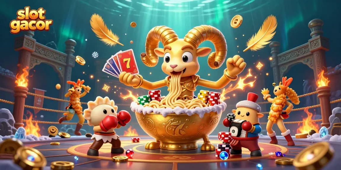 Engage with slot gacor as a golden ramen bowl deals cards amid dynamic casino elements, emphasizing excitement.