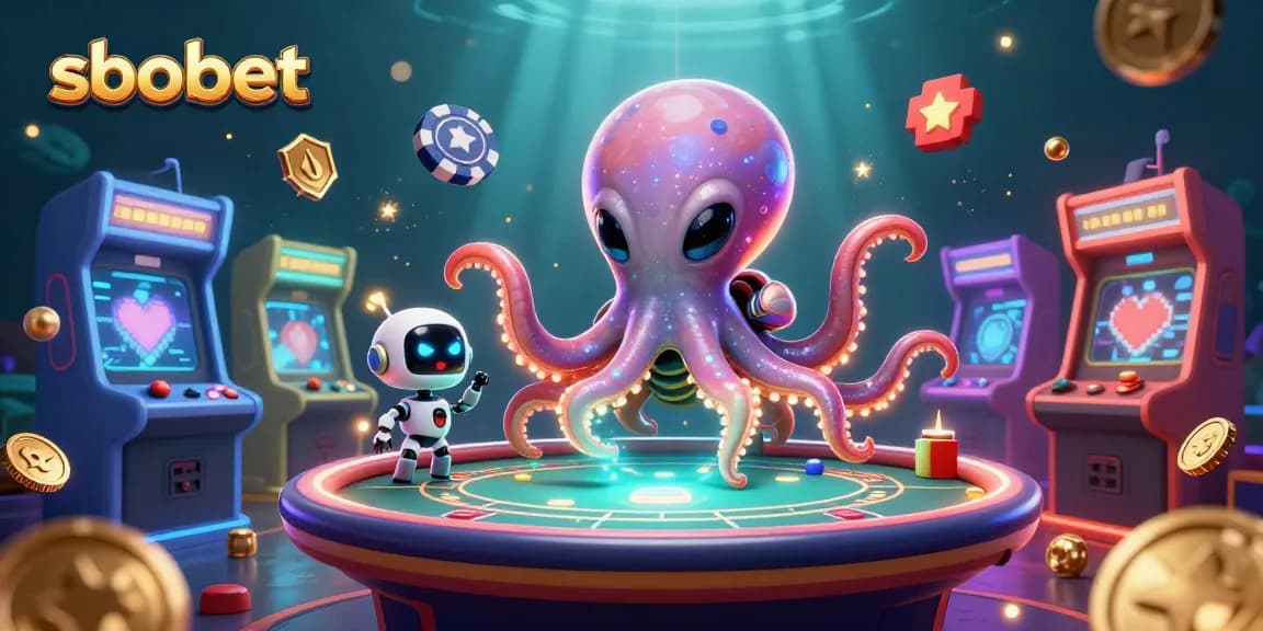 SBOBET offers thrilling betting opportunities at a floating holographic poker table surrounded by vibrant game elements.