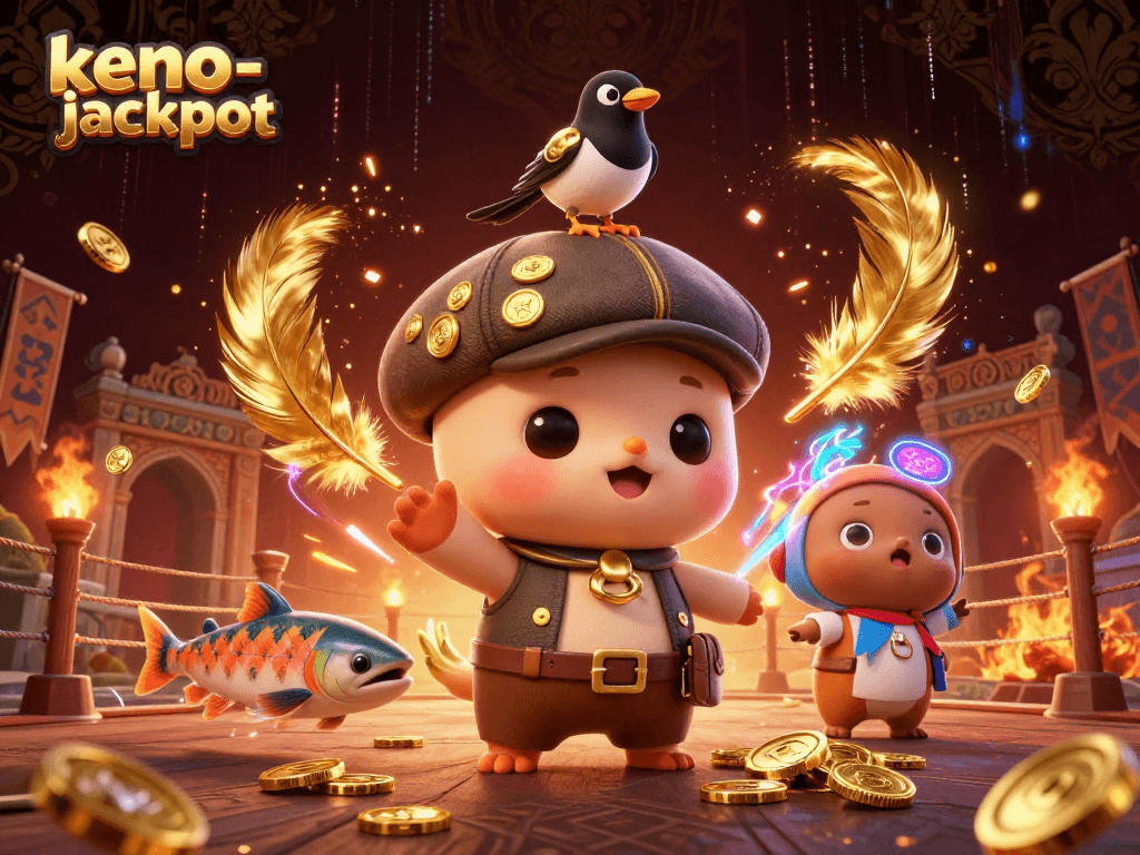 Engage in thrilling keno-jackpot excitement with characters and golden elements in vibrant 3D artwork.