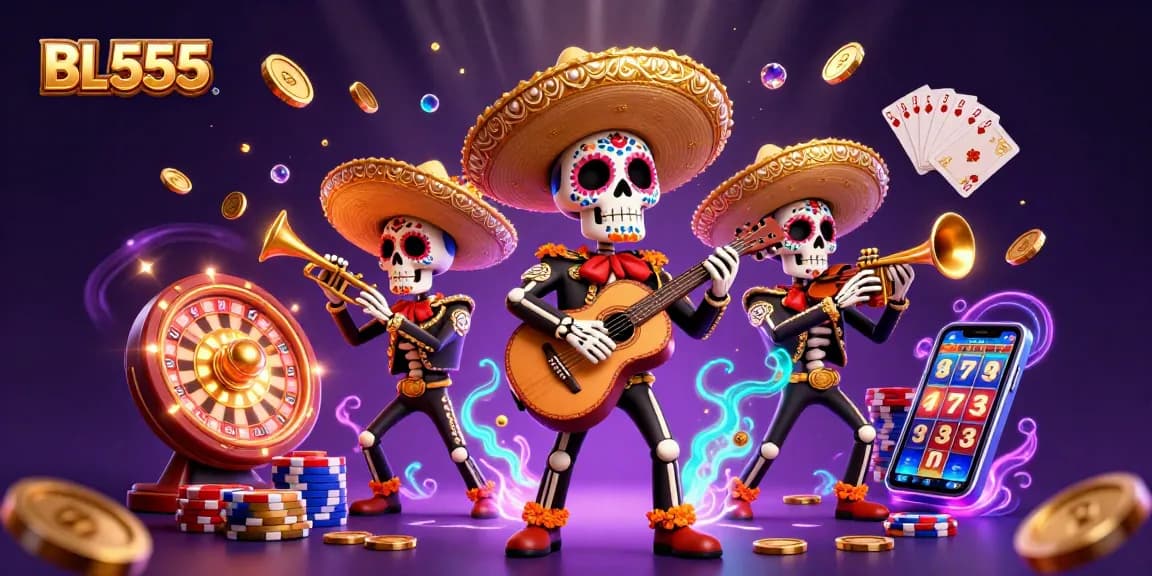 Spin to win with BL555 in this vibrant casino scene featuring a mariachi band and gambling elements.