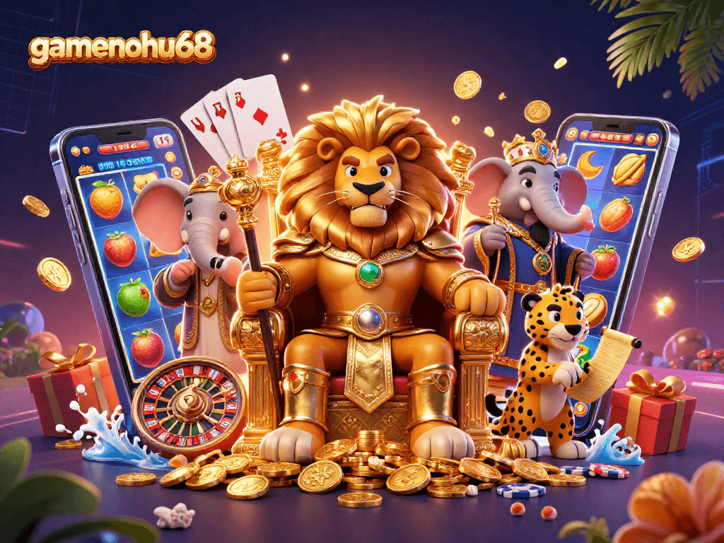 Engage with gamenohu68's exciting slot games among a vibrant casino scene filled with bonuses and action.