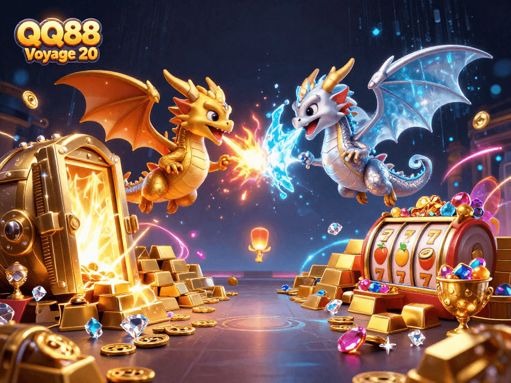 Experience thrilling adventures with QQ88 Voyage 20 as golden and silver dragons soar amidst casino treasures.