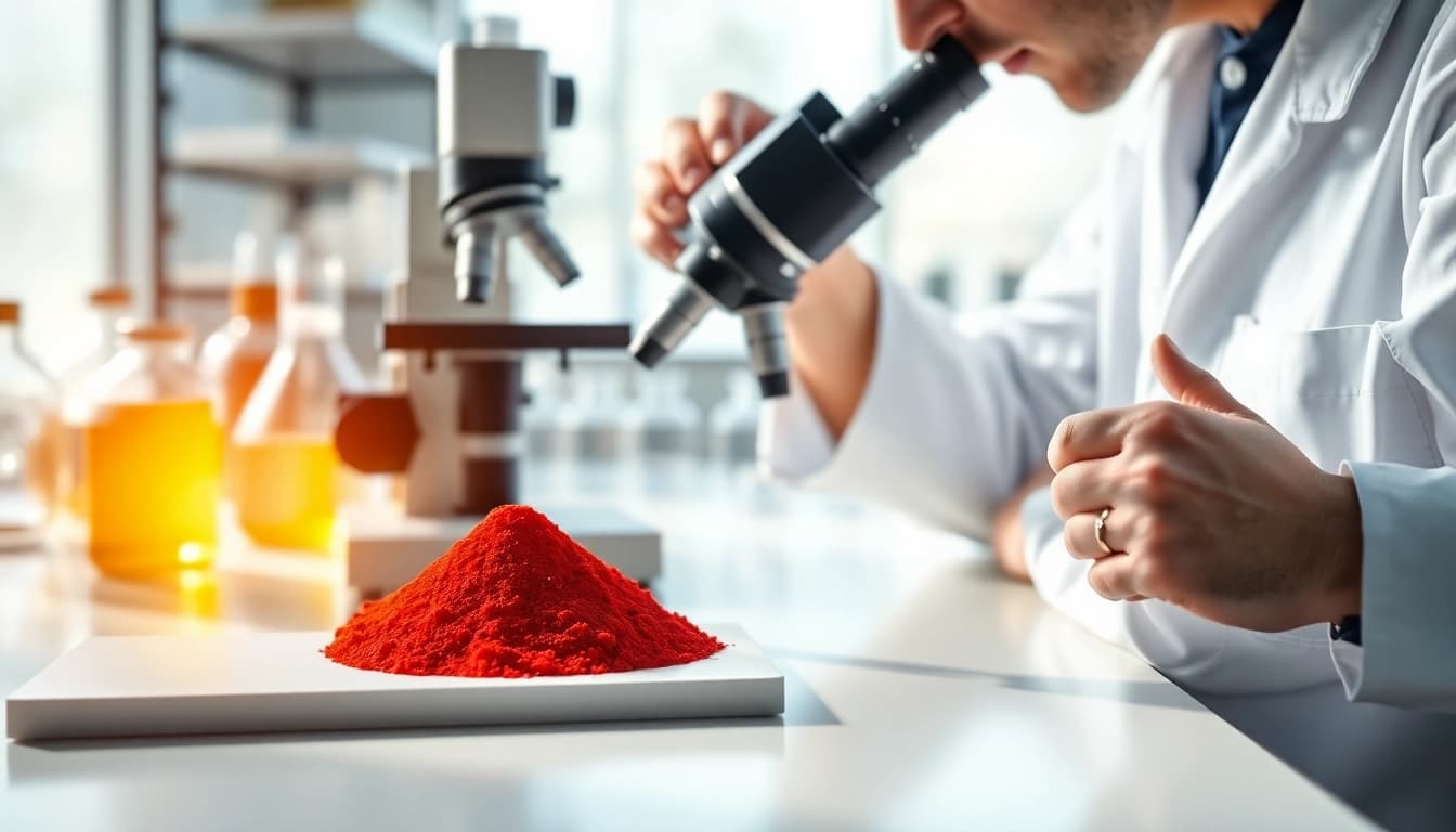 Scientist analyzing astaxanthin explained under natural light in a laboratory setup.