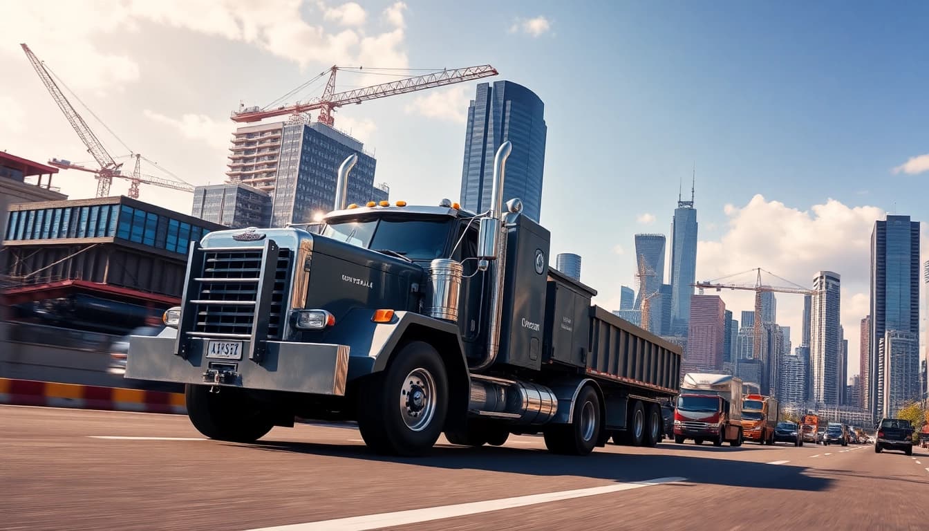 Hauling truck efficiently transporting goods through a dynamic urban landscape.