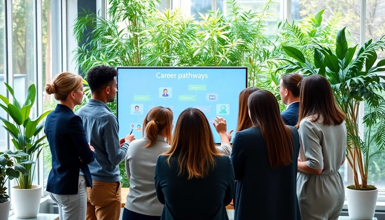 Engaged professionals discovering their Ideal Career in a modern, collaborative workspace.