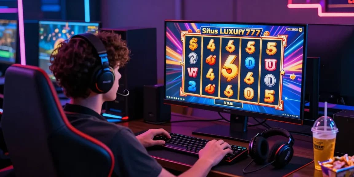 Pengguna Situs LUXURY777 sedang bermain game slot online, dikelilingi suasana gaming modern dengan pencahayaan LED berwarna.