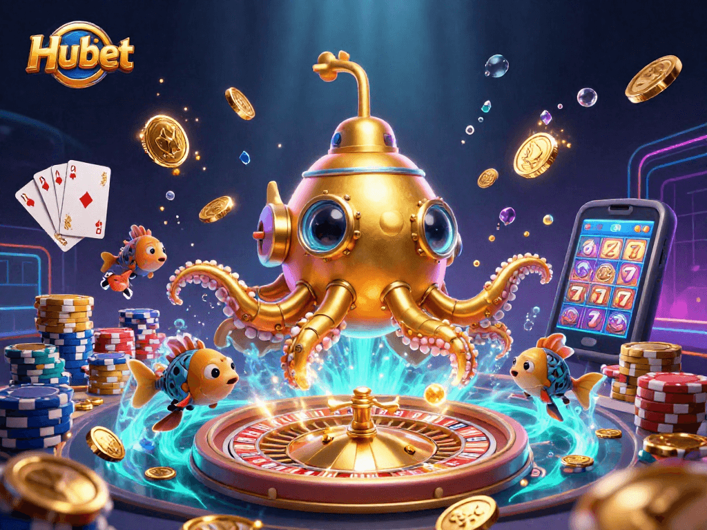 Experience thrilling gameplay at Hubet with an ultra-detailed scene of a gold kraken submarine amidst coins and casino elements