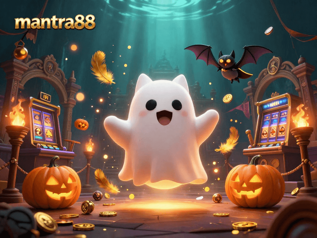 Join the excitement at mantra88 with a ghost cat and vampire bat in a vibrant casino scene.