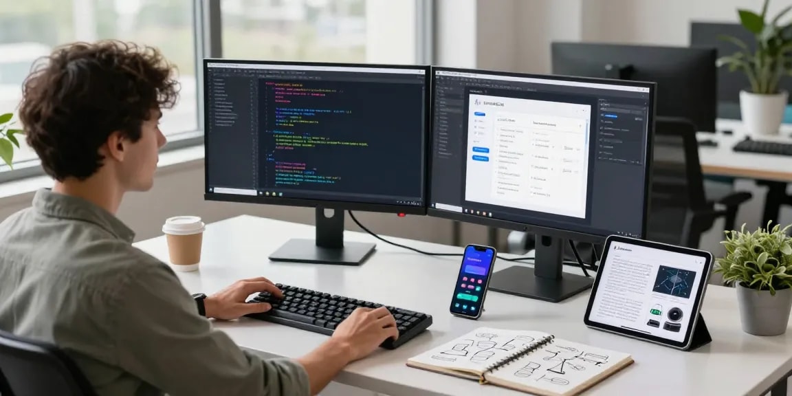 Build internal tools with AI in a modern workspace featuring coding displays and collaborative elements.