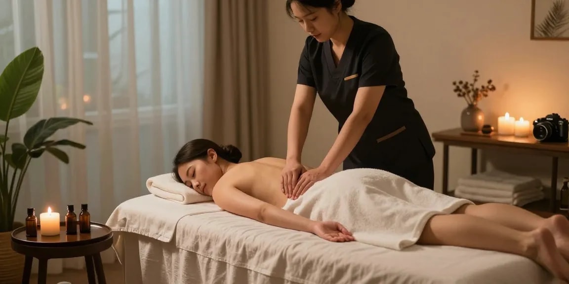 마사지 치료를 받는 고객과 전문 마사지사, 편안한 분위기와 아로마 향기