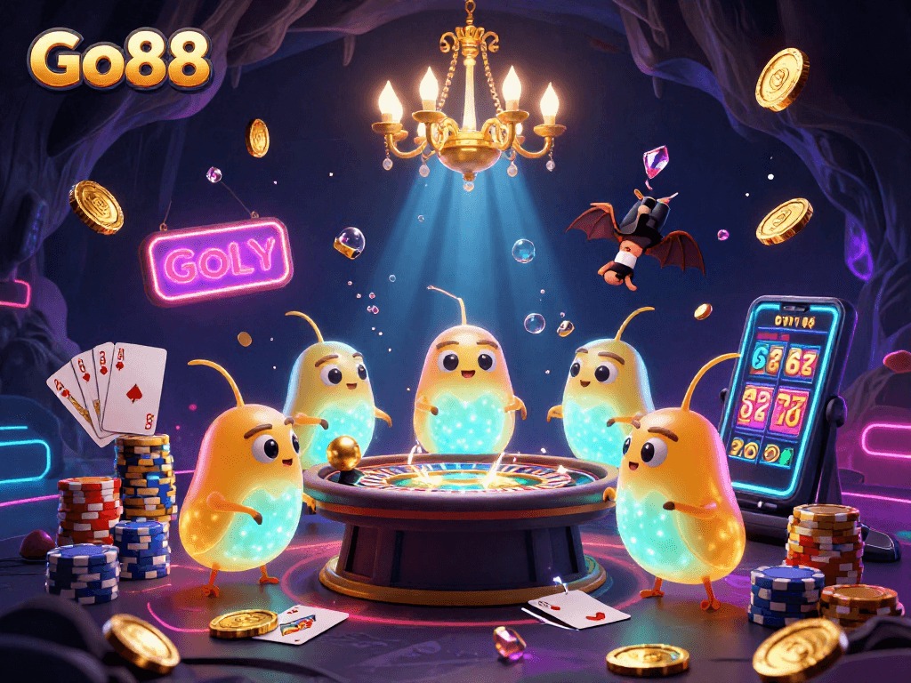 Experience the vibrant Go88 cave casino with glowing glowworms and a bat dealer among casino elements.