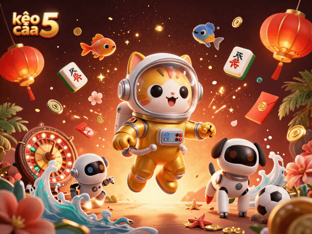 Bet on kèo nhà cái 5 with a thrilling 3D space scene showcasing vibrant gaming elements.