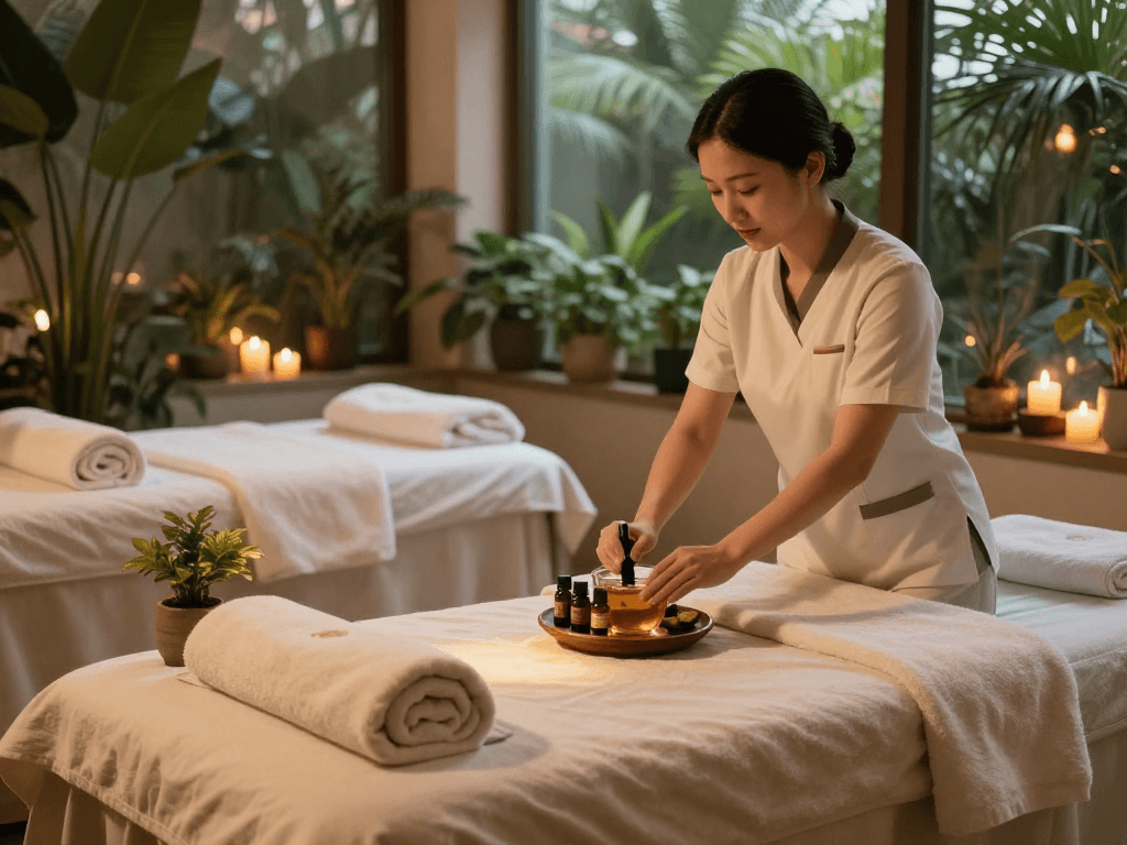 Experience premium relaxation at Balanced Massage's spa with mantra88 aromatherapy treatments and tranquil ambiance.