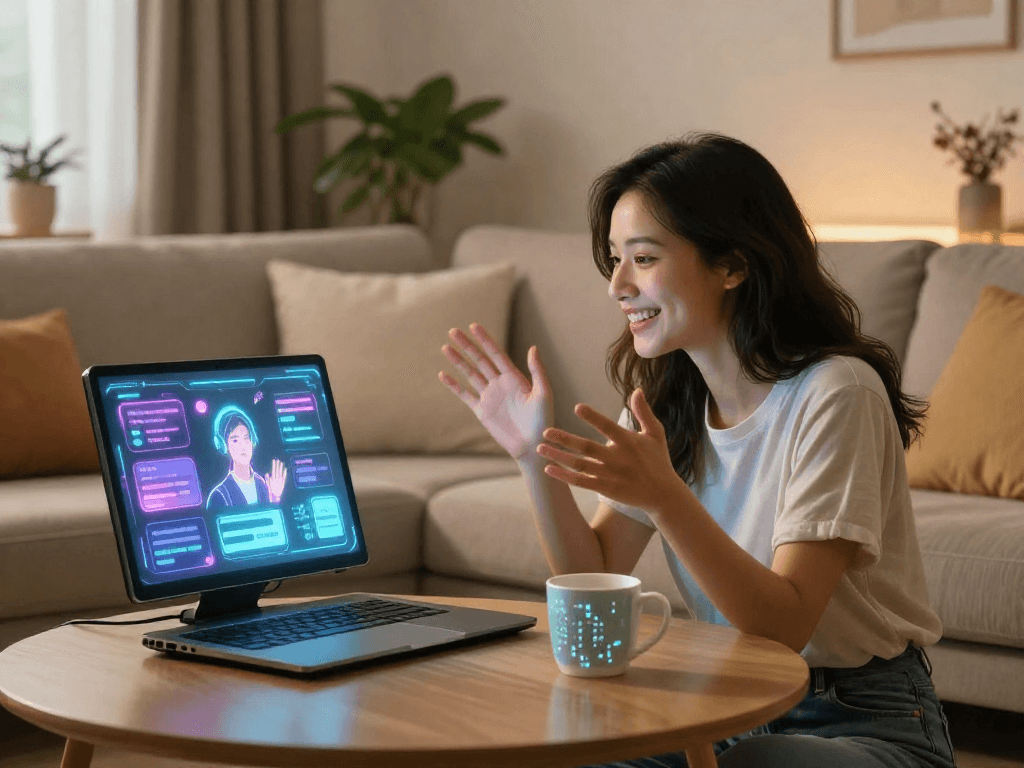 Interaction between a woman and her AI gf in a cozy living room.