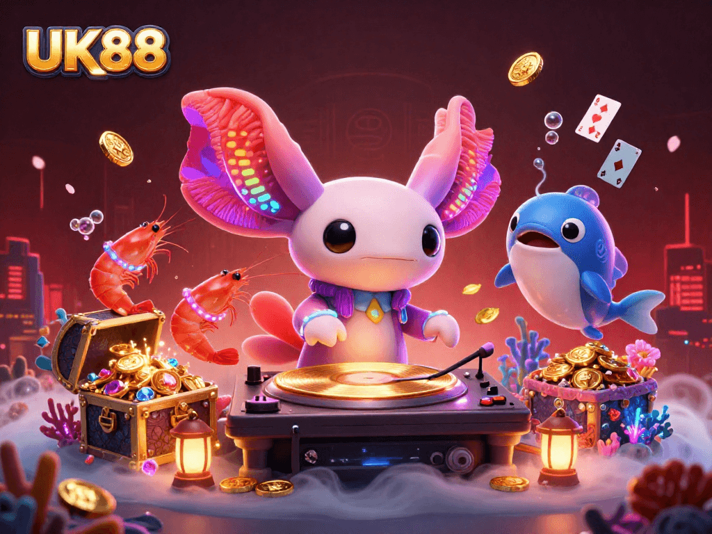 Experience the vibrant atmosphere of UK88's underwater casino featuring an axolotl DJ and dynamic sea creatures.