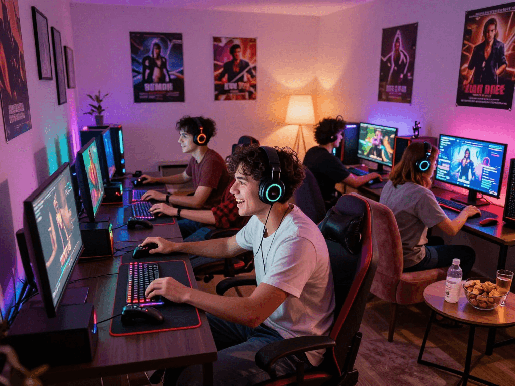 Engaging group playing real sex game in cozy gaming lounge atmosphere