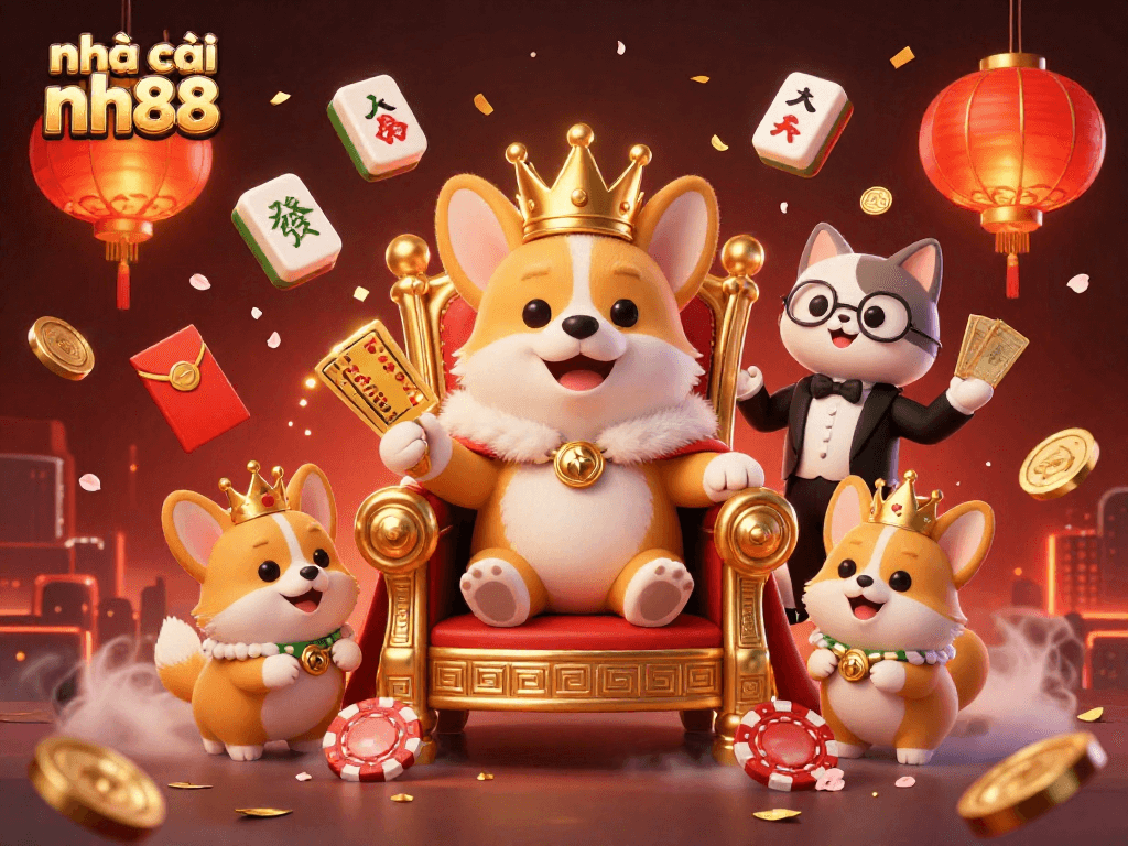 Engage with nhà cái nh88\'s lively gaming scene featuring a royal corgi and luxurious casino elements.