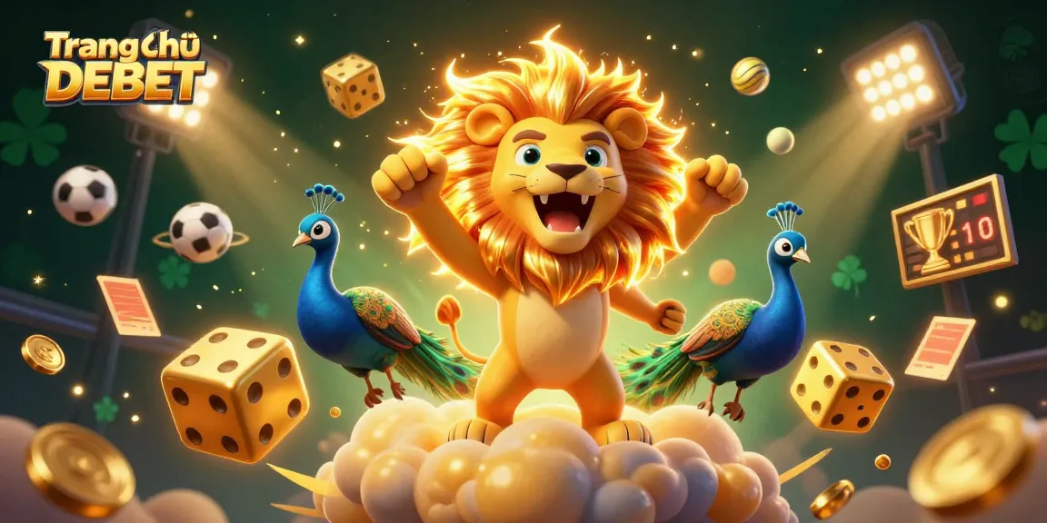 Engaging 3D scene featuring Trang chủ DEBET, with a triumphant lion, golden dice, and dynamic sports elements, celebrating betting excitement.