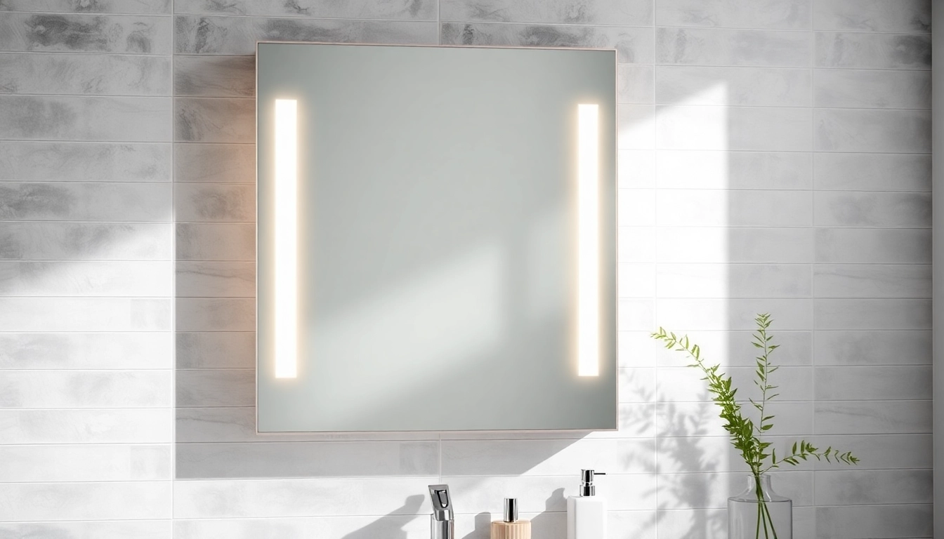 Elegante spiegelschrank bad mit Beleuchtung in modernem Badezimmer, mit warmem Licht.