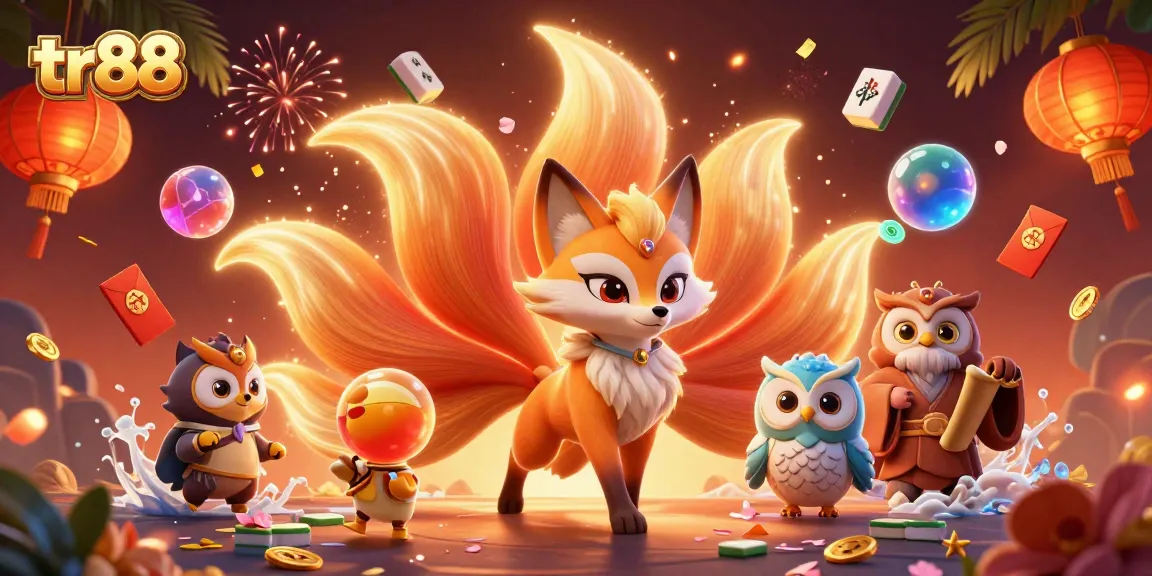 Experience exciting gameplay with the vibrant tr88 nine-tailed fox and owl at a lively casino setting.