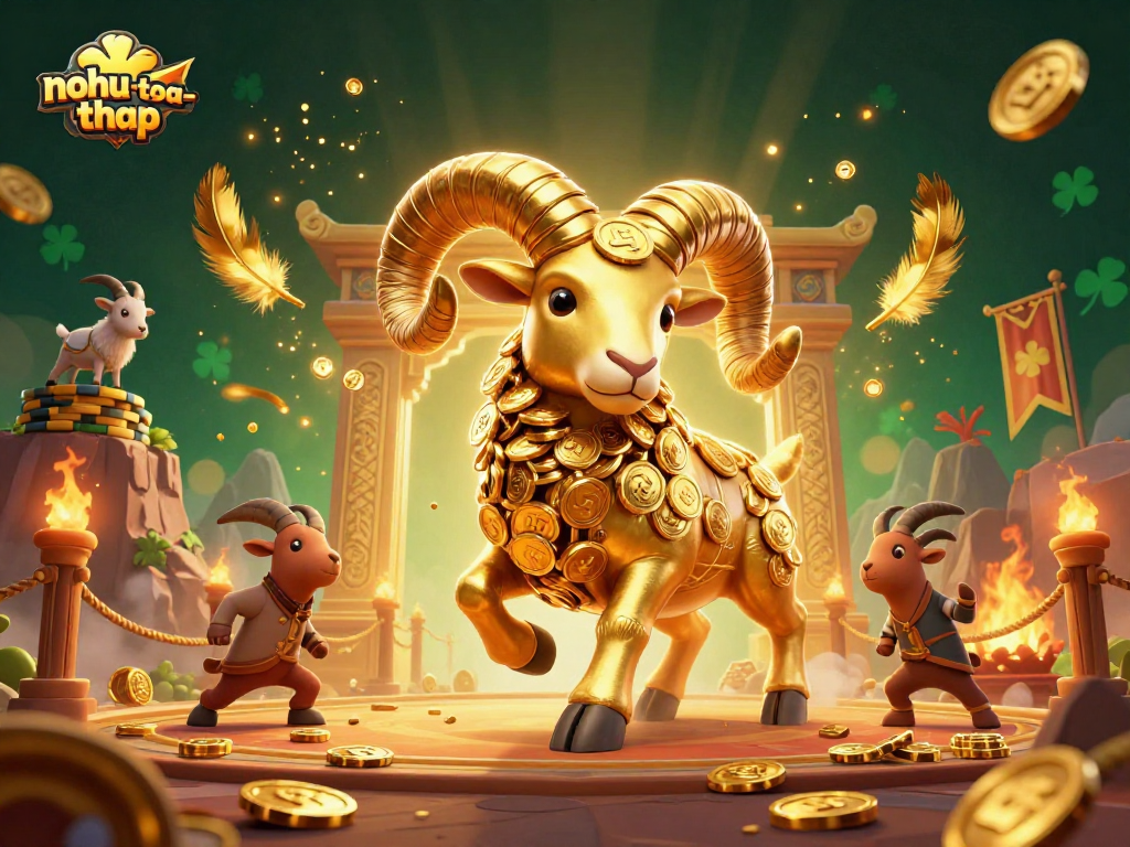 Nohut-toa-thap game featuring a golden ram charging towards a jackpot at a vibrant online casino arena.