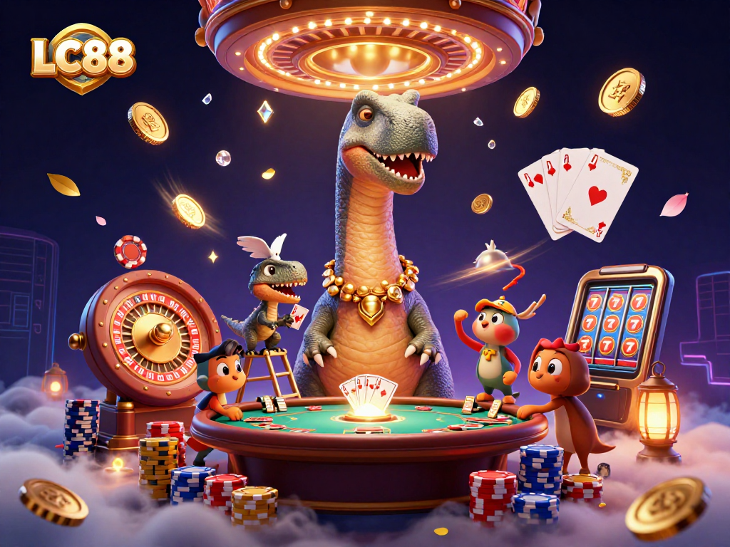 LC88 engages in thrilling card dealing at an exciting casino scene featuring dynamic characters.
