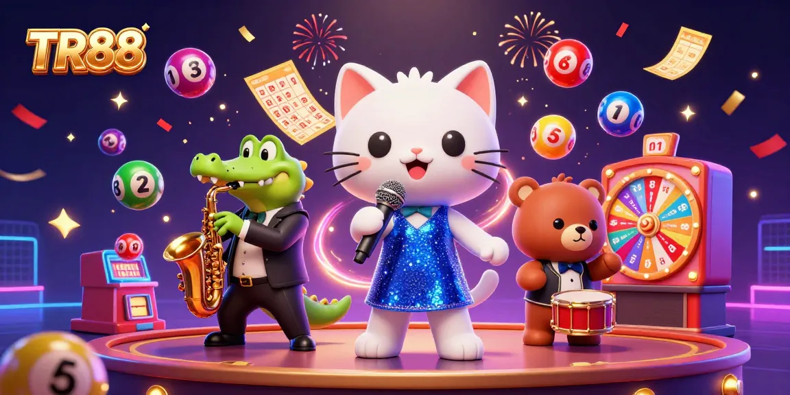 Engage with TR88 in lively casino-themed art featuring a jazz singer cat, cool crocodile, and bear cub.