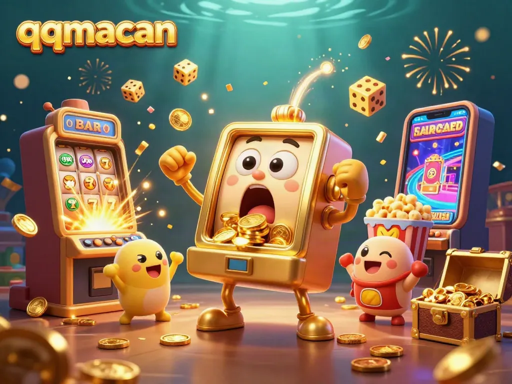 Experience thrilling wins with qqmacan's animated slot machine hitting the jackpot amidst cascading coins and festive visuals.