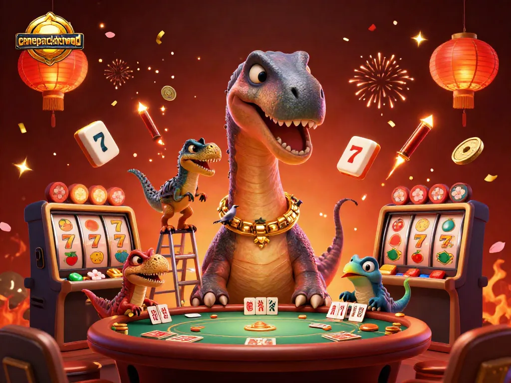 Canepatchkitchensd promotes exciting slot games with a playful dinosaur and interactive scenes.
