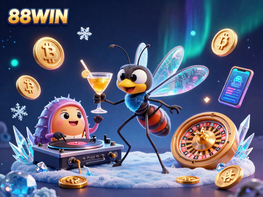 Engage with 88WIN in a vibrant casino-themed scene filled with dynamic gaming elements.