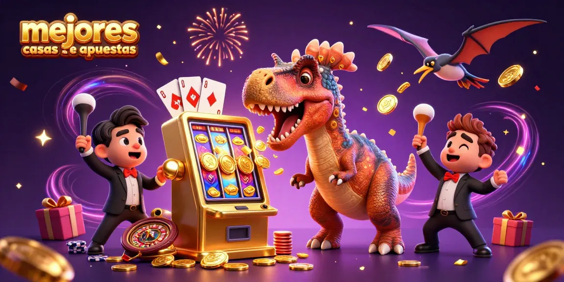 Las mejores casas de apuestas destacan un dinosaurio divertido jugando mientras gana monedas doradas.